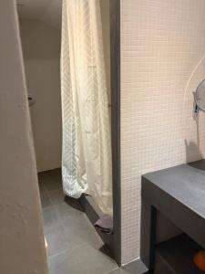 a shower curtain in a bathroom with a sink at Confort Taillans in Donzère