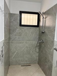 a bathroom with a shower with a glass door at SeaStep Apartment Golem in Golem +13 photos