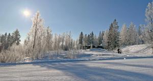 a person is skiing down a snow covered slope at Riihilinna Ski Lodge in Muurame