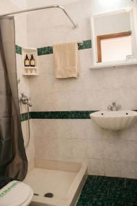 a bathroom with a shower and a sink and a toilet at Aegean Nest Beach Studios - Adults only in Monolithos