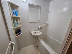 a small bathroom with a sink and a mirror at Namba Ebisu Tower701 in Osaka +8 photos