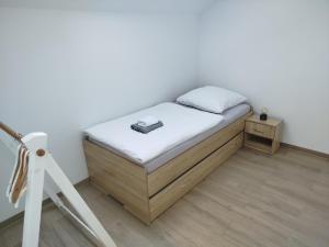 a small bedroom with a bed and a ladder at Appartement Design 2 - Altenstadt in Altenstadt
