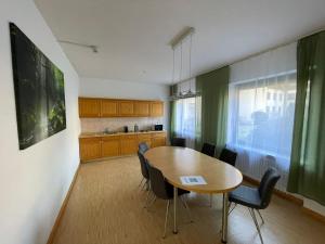 a kitchen and dining room with a table and chairs at Klosterhof Neustadt am Main in Neustadt am Main