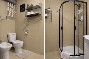 two pictures of a bathroom with a toilet and a shower at Apartamenty Port 111 in Kołobrzeg