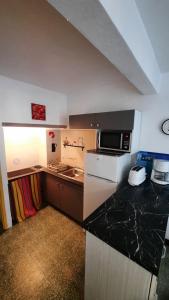 a small kitchen with a sink and a microwave at T2Leucate La Franqui Calme Mer Clim Parking P in Leucate