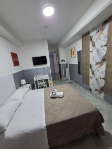 a bedroom with a large bed and a flat screen tv at Hotel Alloggio Del Conte in Naples
