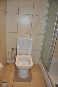 a bathroom with a toilet and a shower at Nur Hotel in Kaş