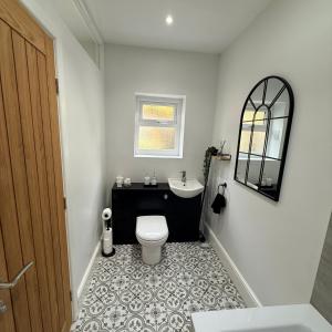 a bathroom with a toilet and a sink and a mirror at 171 Stroud Road in Gloucestershire +10 photos