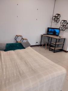 a bedroom with a bed and a desk with a laptop at Libertad in Tarija