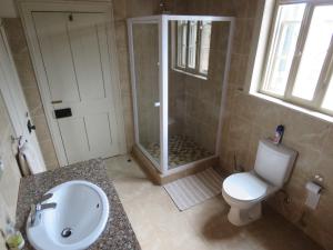 a bathroom with a shower and a toilet and a sink at Kleingeluk Guest Farm in De Rust