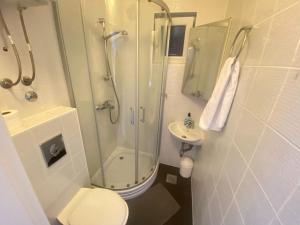 a bathroom with a shower and a toilet and a sink at Apartment Sanja in Primošten +7 photos