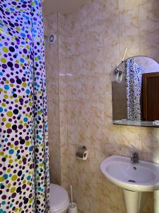 a bathroom with a sink and a shower curtain at Kompleks Koral Konak in Prezhda