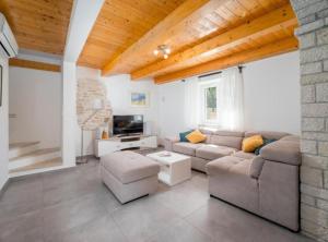 a living room with a couch and a tv at Villa Prestige Azinetti with Pool in Štokovci