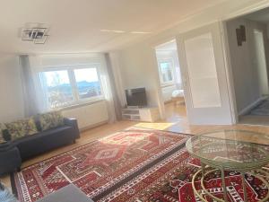 a living room with a couch and a glass table at Gemütliche Wohnung mit Berg- und Waldblick in Balingen