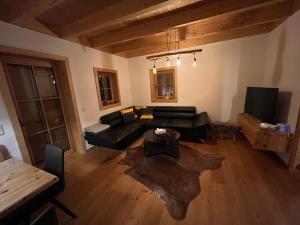 a living room with a couch and a tv at TANAs Almhütte in Flattnitz