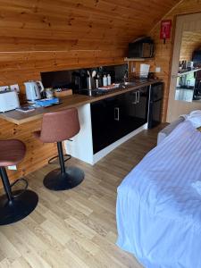 a bedroom with a bed and a kitchen with a counter at Squirrel's Drey in Torphichen