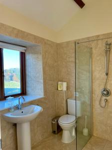 a bathroom with a toilet and a sink and a shower at Cool Contours Venue in Eydon