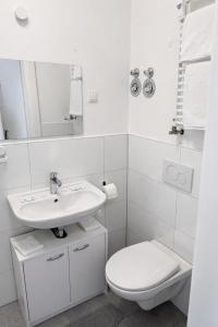 a white bathroom with a toilet and a sink at Ok Apartments in Pforzheim +74 photos