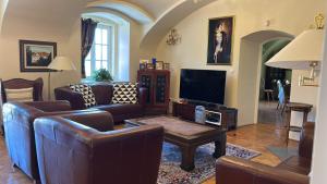 a living room with couches and a flat screen tv at Csillaghy Kastély in Bókaháza
