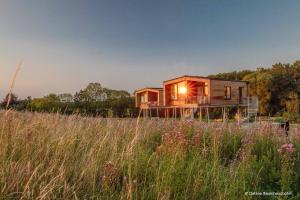 a tiny house sitting in a field of grass at Ostsee Baumhaushotel - Auf Höhe der Baumkronen in Wangels