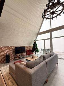 a living room with a couch and a christmas tree at SkyHouse Shahdag in Əniq