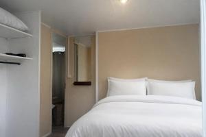 a bedroom with a large white bed and a mirror at Le Mas de L intention La Class Act in La Crau