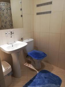 ein Badezimmer mit Toilette und Waschbecken mit blauen Teppichen in der Unterkunft Pensjonat Libra in Karolinów
