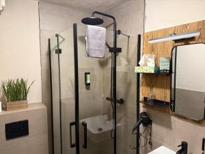 a shower with a glass door in a bathroom at Hotel Zur Erholung in Braunlage +111 photos