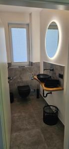 a bathroom with a sink and a toilet and two windows at Apartment nahe München A8 in Pfaffenhofen an der Glonn