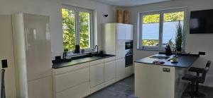 a kitchen with two sinks and two windows at Apartment nahe München A8 in Pfaffenhofen an der Glonn
