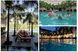 a collage of photos of a swimming pool with palm trees at Skyline Serenia 23rd floor in Dehu Road