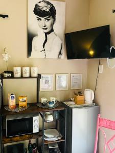 a kitchen with a microwave and a refrigerator at Casa De Montague in Noordheuwel