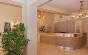 a hotel lobby with a reception counter and plants at Hotel Lido in Marina di Massa