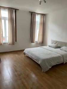 a bedroom with a bed and two windows at Deux chambres disponibles pour vous in Aalst