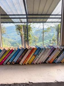 a pile of books sitting on a window sill at Mad & Nomad Backpackers Hostel in Coonoor