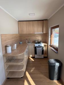 a kitchen with a counter and a stove in it at Junkuri Holiday House 9 Beds up to 20 Guests in Jeroškina