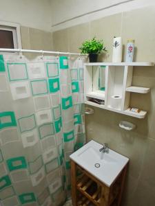 a bathroom with a shower curtain and a sink at Departamento J&J 2 in Aristóbulo del Valle