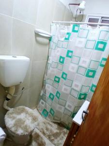a bathroom with a toilet and a shower curtain at Departamento J&J 2 in Aristóbulo del Valle