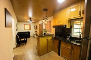 a kitchen with wooden cabinets and a black counter top at Cabaña Polo in Concepción de La Vega