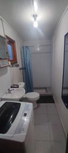 a bathroom with a sink and a toilet and a shower at cabaña vale in Coñaripe