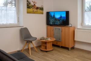 a living room with a tv and a chair at Haus am Bach in Bad Wörishofen