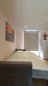 a bedroom with a large bed with a window at Beaulieu in Blankenberge