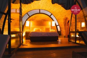 a bedroom with a bed in a room with an archway at Chozos Resort in Agrelo