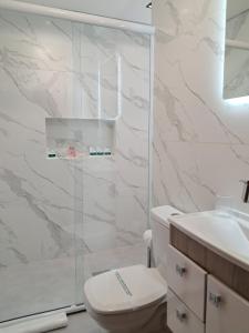 a bathroom with a shower and a toilet and a sink at Apartamento completo e perfeito, Ao lado da Weg in Jaraguá do Sul