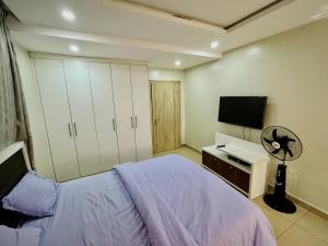 a bedroom with a bed and a flat screen tv at Abuja Circa Suite in Abuja