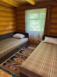 a room with two beds in a log cabin at Бистриця in Chynadiyovo