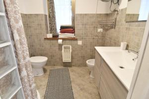 a bathroom with a sink and a toilet and a mirror at Alla Cantina in Aurisina Case +19 photos