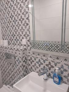 a bathroom with a sink and a mirror at Apartment Petrovi in Lovech