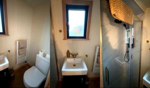 two pictures of a bathroom with a sink and a toilet at Luxury Shepherds Hut with Hot Tub Valley Views in Scarborough