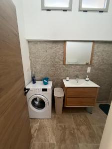 a bathroom with a washing machine and a sink at Chez Armand in Le Plan-de-la-Tour